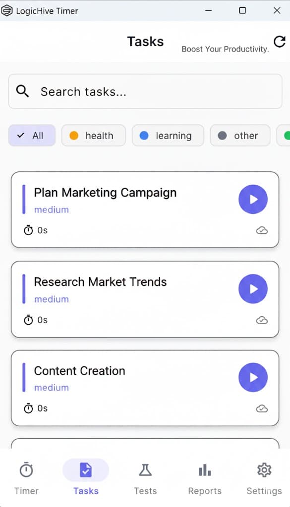 LogicHive Timer - Task management view